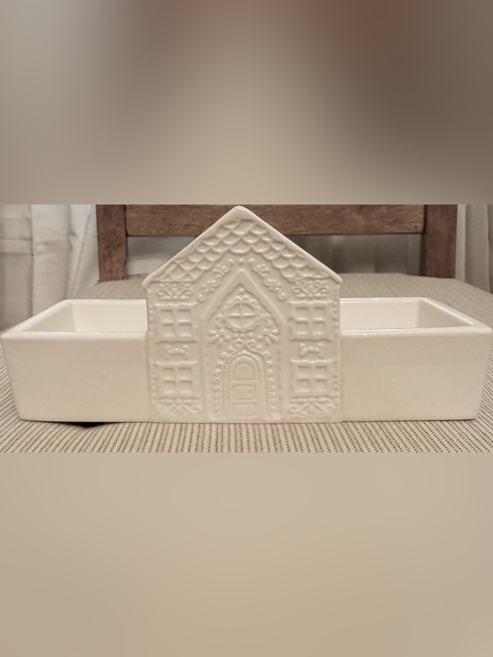 Other - Small Tray Ceramic Gingerbread House Wintry  Decorative Accent - Cream
